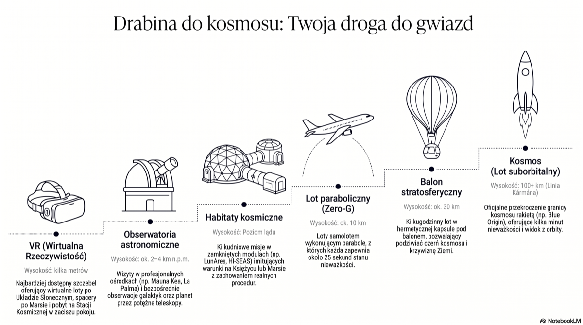 Drabina do kosmosu: VR, obserwatoria, habitaty, zero-grawitacja (~10 km), stratosfera (~30 km), kosmos (100+ km)